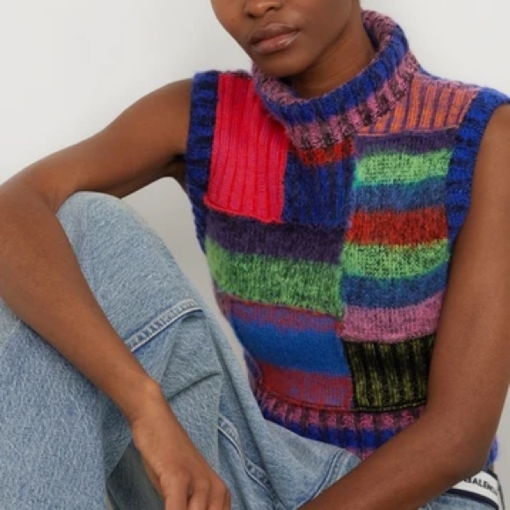 AGR patchwork brushed striped cotton blend turtleneck sweater vest